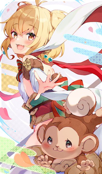Anime picture 1000x1700 with granblue fantasy andira (granblue fantasy) pilokey single tall image fringe short hair open mouth blonde hair hair between eyes brown eyes ahoge :d two side up turning head girl detached sleeves animal monkey