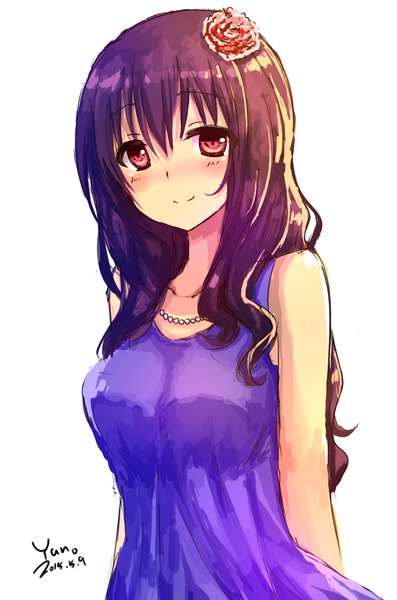 Anime picture 653x985 with original isumi (yangyan) single long hair tall image looking at viewer fringe simple background smile hair between eyes red eyes brown hair white background bare shoulders signed upper body hair flower sleeveless dated girl