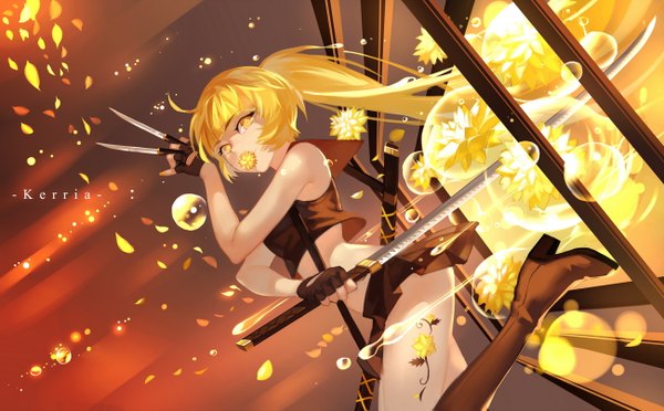 Anime picture 1300x806 with original joseph lee single long hair looking at viewer fringe light erotic blonde hair wide image holding ponytail pleated skirt midriff mouth hold multiple wings flower in mouth triple wielding girl skirt gloves