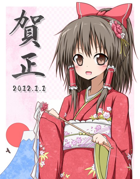 Anime picture 1100x1400 with touhou hakurei reimu karamoneeze long hair tall image looking at viewer blush open mouth black hair brown eyes japanese clothes happy new year girl hair ornament bow hair bow obi yukata gohei