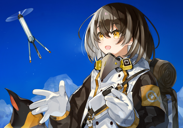 Anime picture 1500x1050 with arknights magallan (arknights) the emperor (arknights) muraki (owantogohan) single fringe short hair open mouth hair between eyes brown hair yellow eyes looking away sky upper body outdoors girl gloves animal jacket white gloves