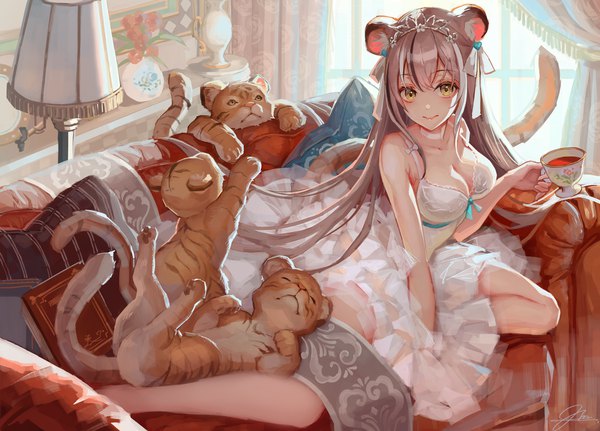 Anime picture 2000x1438 with original okuma mai single long hair looking at viewer fringe highres breasts smile brown hair large breasts sitting bare shoulders signed animal ears yellow eyes payot cleavage full body indoors