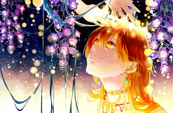 Anime picture 1000x652 with magi the labyrinth of magic a-1 pictures aladdin (magi) ali baba saluja g.g.lemon long hair yellow eyes blue hair braid (braids) orange hair looking up boy flower (flowers) earrings choker jewelry crown hands