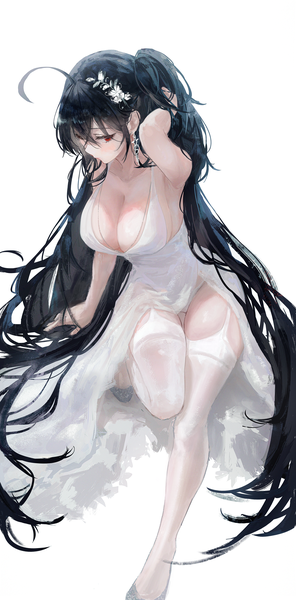 Anime picture 2105x4271 with azur lane taihou (azur lane) taihou (temptation on the sea breeze) (azur lane) matsogum single tall image fringe highres breasts light erotic simple background hair between eyes red eyes large breasts standing white background cleavage ahoge very long hair one side up