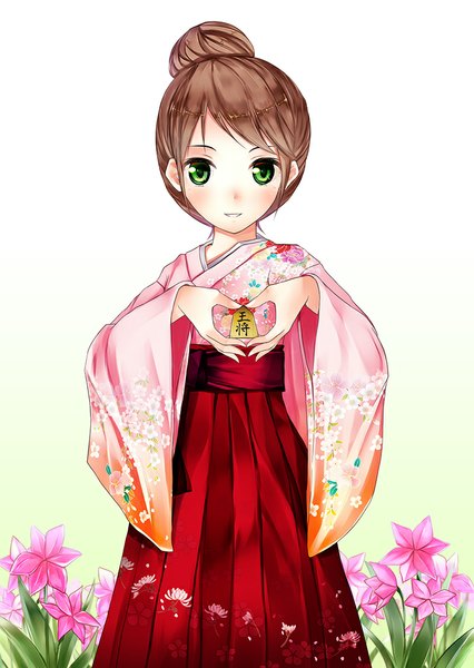 Anime picture 724x1020 with original shino miduki tall image looking at viewer blush short hair brown hair white background green eyes girl flower (flowers)