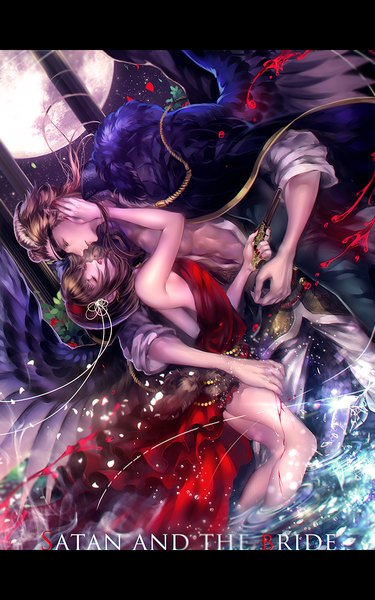 Anime picture 750x1200 with original mypower_53mnds long hair tall image short hair brown hair brown eyes eyes closed night hug letterboxed girl dress boy weapon petals wings gun moon blood