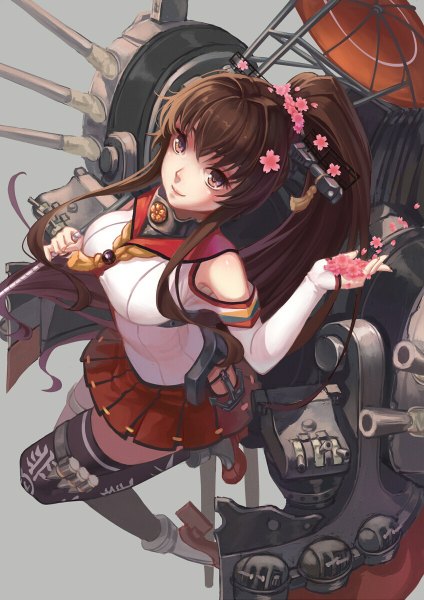 Anime picture 848x1200 with kantai collection yamato super battleship -elf-jy single long hair tall image looking at viewer brown hair brown eyes ponytail light smile girl thighhighs skirt hair ornament flower (flowers) weapon black thighhighs petals