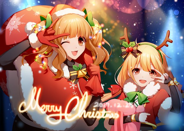 Anime picture 2250x1600 with idolmaster idolmaster cinderella girls futaba anzu moroboshi kirari asd13 long hair looking at viewer highres open mouth blonde hair brown hair twintails multiple girls signed one eye closed horn (horns) wink blurry fur trim low twintails