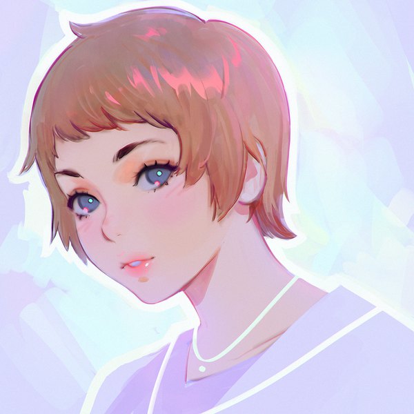 Anime picture 1080x1080 with original ilya kuvshinov single looking at viewer short hair blue eyes simple background brown hair parted lips lipstick portrait pink lipstick girl pendant