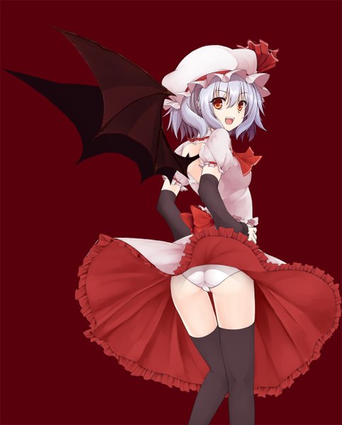 Anime picture 1000x1243 with touhou remilia scarlet utakata (kochou no yume) single tall image short hair open mouth light erotic red eyes white hair red background dress lift girl thighhighs underwear panties black thighhighs detached sleeves wings bonnet