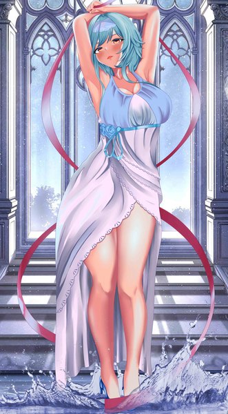 Anime picture 1920x3477 with genshin impact eula lawrence ronikx art single long hair tall image blush fringe highres breasts light erotic large breasts standing brown eyes blue hair looking away full body arms up armpit (armpits) high heels