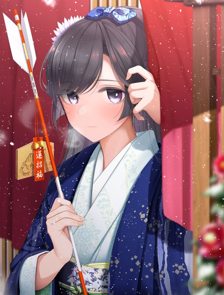 Anime picture 986x1296 with original giba (out-low) single long hair tall image looking at viewer blush fringe black hair purple eyes holding upper body traditional clothes japanese clothes arm up hieroglyph snowing new year girl bow