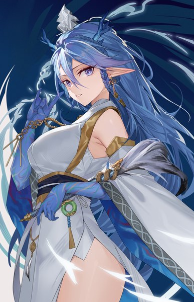 Anime picture 1935x3000 with arknights ling (arknights) ling (it does wash the strings) (arknights) hongbaise raw single long hair tall image looking at viewer fringe highres breasts blue eyes light erotic hair between eyes blue hair braid (braids) traditional clothes horn (horns) pointy ears wide sleeves