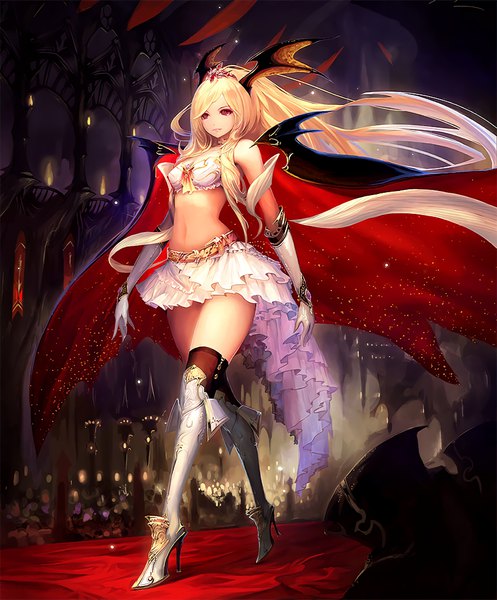 Anime picture 848x1024 with shingeki no bahamut shadowverse queen vampire (shadowverse) tachikawa mushimaro (bimo) single long hair tall image blonde hair red eyes bare shoulders looking away full body indoors bare belly midriff high heels zettai ryouiki demon girl fantasy walking