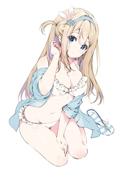 Anime picture 912x1200 with girls frontline suomi kp31 (girls frontline) miwabe sakura single long hair tall image looking at viewer fringe breasts blue eyes light erotic simple background hair between eyes large breasts white background sitting animal ears full body head tilt one side up