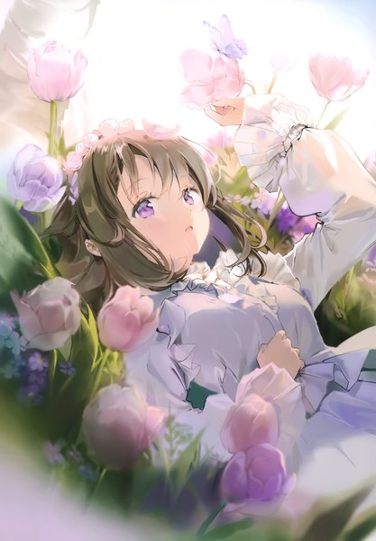 Anime picture 2406x3464 with original anmi single long hair tall image looking at viewer blush fringe highres breasts open mouth hair between eyes brown hair purple eyes holding lying long sleeves arm up hair flower blurry