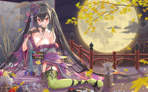 Anime picture 2000x1245 with azur lane manjuu (azur lane) taihou (azur lane) nanam (nanam sk) single looking at viewer blush fringe highres breasts open mouth light erotic black hair hair between eyes red eyes wide image large breasts sitting twintails bare shoulders