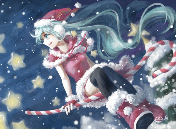 Anime picture 1688x1240 with vocaloid hatsune miku cea single long hair fringe open mouth sitting twintails signed profile aqua eyes wind aqua hair night dutch angle fur trim snowing christmas winter
