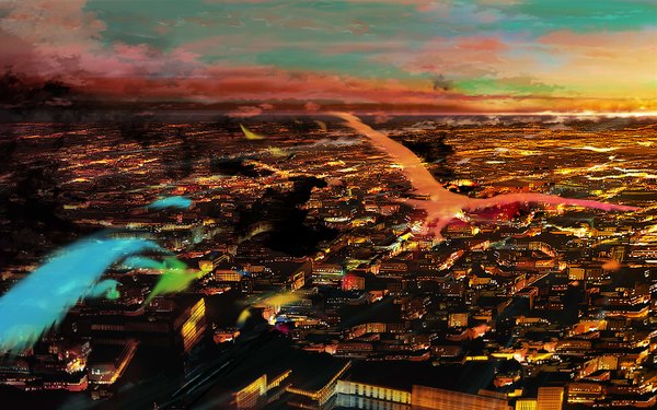 Anime picture 1920x1200 with original 108 highres wide image wallpaper city cityscape landscape animal bird (birds)