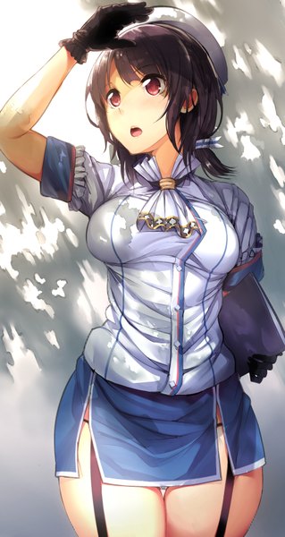 Anime picture 1776x3333 with kantai collection takao heavy cruiser akagi asahito single tall image highres short hair open mouth light erotic black hair red eyes girl skirt gloves miniskirt beret