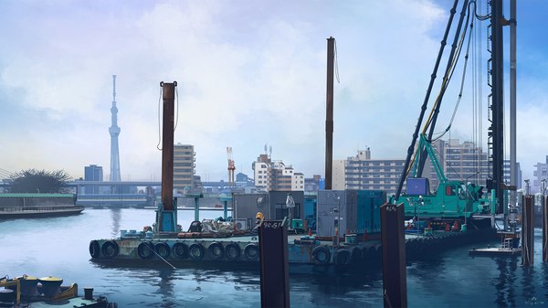 Anime picture 1920x1080 with original kusakabe (artist) highres wide image sky cloud (clouds) wallpaper city dated no people scenic water building (buildings) tower crane