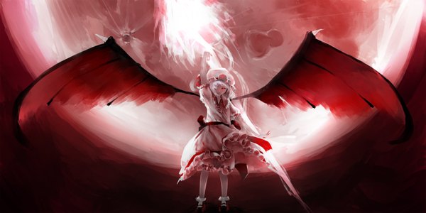 イラスト 3000x1500 と 東方 レミリア・スカーレット 鴉参 ソロ 前髪 highres 短い髪 赤い目 wide image white hair 片目隠れ bat wings red moon 女の子 ドレス 翼 ボンネット 槍