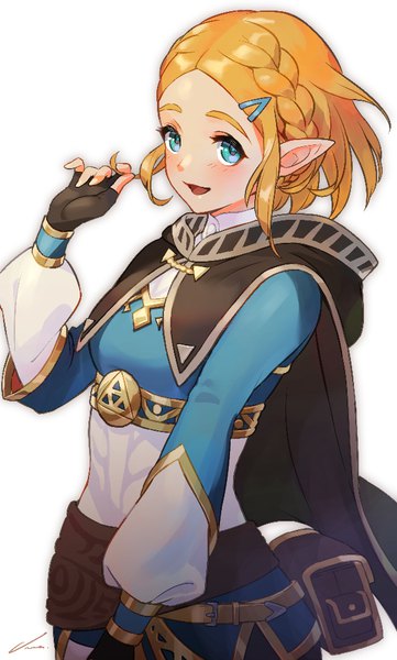 Anime picture 601x1000 with the legend of zelda the legend of zelda: breath of the wild nintendo princess zelda nemoto yuuma single tall image blush short hair open mouth blue eyes simple background blonde hair white background pointy ears playing with hair girl gloves black gloves hairclip