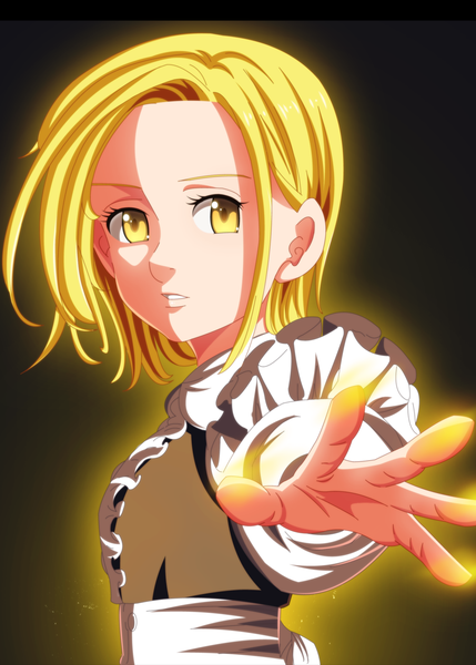 イラスト 805x1126 と nanatsu no taizai a-1 pictures elaine (nanatsu no taizai) akatsukivfx ソロ 長身像 カメラ目線 短い髪 金髪 simple background 黄色眼 upper body parted lips teeth 影 coloring outstretched arm black background shaded face aura