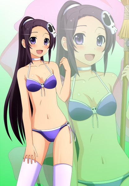 Anime picture 899x1300 with kami nomi zo shiru sekai elsea de lute irma kenken long hair tall image blush open mouth light erotic black hair purple eyes ponytail zoom layer girl thighhighs navel hair ornament swimsuit bikini white thighhighs skull hair ornament