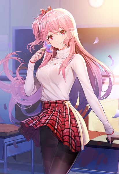 Anime picture 687x1000 with original emily stock ririko (zhuoyandesailaer) single long hair tall image looking at viewer blush fringe breasts smile hair between eyes standing holding pink hair indoors long sleeves head tilt pink eyes wind