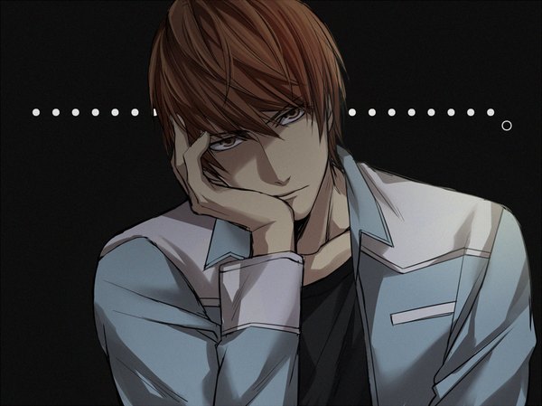 Anime picture 850x637 with death note madhouse yagami light itohara single looking at viewer fringe short hair simple background hair between eyes brown hair brown eyes upper body head tilt open jacket black background chin rest boy jacket