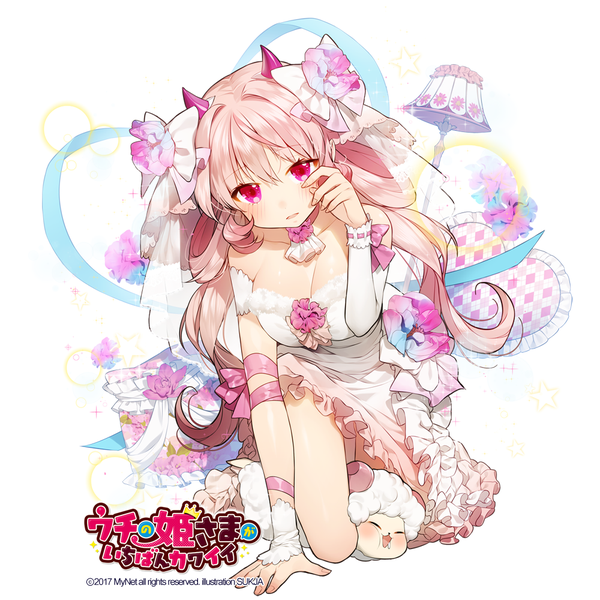 Anime picture 1000x1000 with uchi no hime-sama ga ichiban kawaii sorolp single long hair looking at viewer blush fringe breasts light erotic simple background smile large breasts white background signed pink hair cleavage parted lips pink eyes horn (horns) arm support