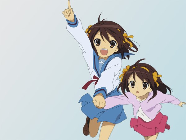 Anime picture 1600x1200 with suzumiya haruhi no yuutsu kyoto animation suzumiya haruhi highres wallpaper pointing time paradox girl suzumiya haruhi (young)