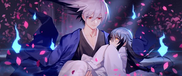 Anime-Bild 4170x1760 mit nurarihyon no mago nura rikuo yuki onna (nurarihyon no mago) daye bie qia lian long hair blush fringe highres black hair smile hair between eyes red eyes wide image yellow eyes white hair traditional clothes japanese clothes multicolored hair two-tone hair couple