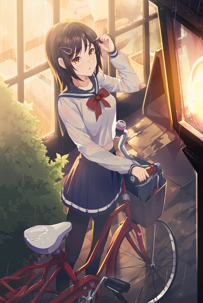 Anime picture 1000x1493 with original pistachiocream single tall image looking at viewer blush fringe short hair open mouth black hair standing yellow eyes payot outdoors long sleeves pleated skirt arm up from above night :o