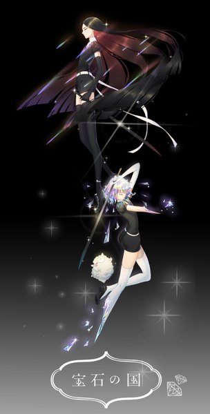 Anime picture 2973x5856 with houseki no kuni diamond (houseki no kuni) bort shiro (houseki no kuni) blue shrimp tall image highres short hair black hair silver hair eyes closed very long hair profile sparkle copyright name androgynous amputee thighhighs gloves uniform