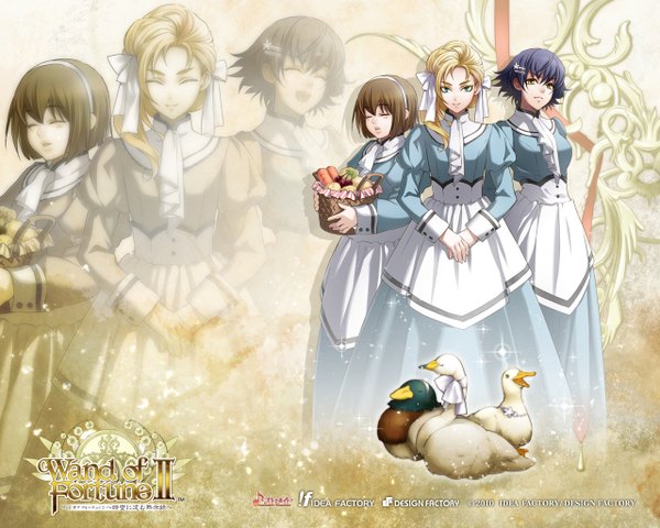 Anime picture 1280x1024 with wand of fortune 2 idea factory martha alcott adele mason cynthia whitford usuba kagerou looking at viewer fringe short hair blue eyes black hair blonde hair smile brown hair multiple girls yellow eyes eyes closed inscription official art maid