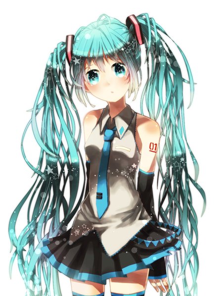 Anime picture 1380x1860 with vocaloid hatsune miku hana (hoshiko 4270) single tall image looking at viewer blush simple background white background twintails bare shoulders very long hair aqua eyes aqua hair girl skirt detached sleeves necktie