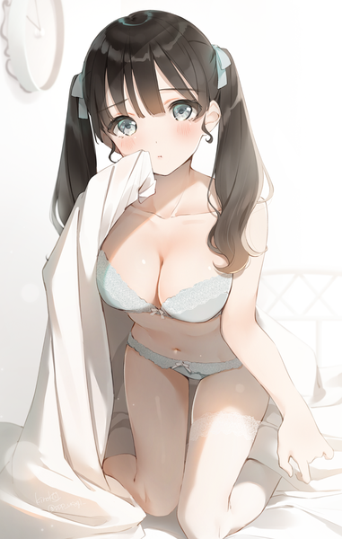 Anime picture 1247x1963 with original kinako (shiratama mochi) single long hair tall image looking at viewer blush fringe breasts light erotic black hair large breasts holding signed cleavage indoors blunt bangs underwear only twitter username kneeling