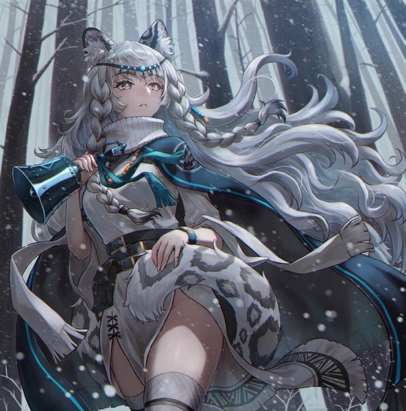 Anime picture 1479x1500 with arknights pramanix (arknights) tsukizaki shizuka single long hair tall image standing holding animal ears looking away outdoors tail braid (braids) parted lips animal tail wind grey hair wide sleeves grey eyes twin braids