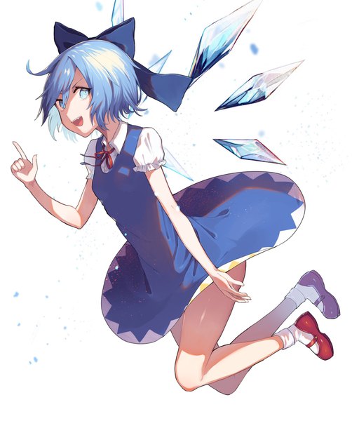 Anime picture 1712x2047 with touhou cirno shibainu single tall image looking at viewer highres short hair open mouth blue eyes simple background white background blue hair full body ahoge :d puffy sleeves flying girl dress