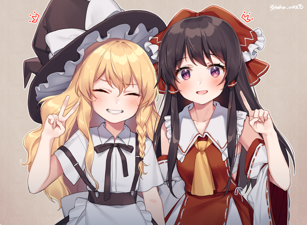 Anime picture 1088x797 with touhou hakurei reimu kirisame marisa hajin long hair looking at viewer blush fringe open mouth black hair simple background blonde hair smile hair between eyes purple eyes multiple girls signed braid (braids) eyes closed traditional clothes