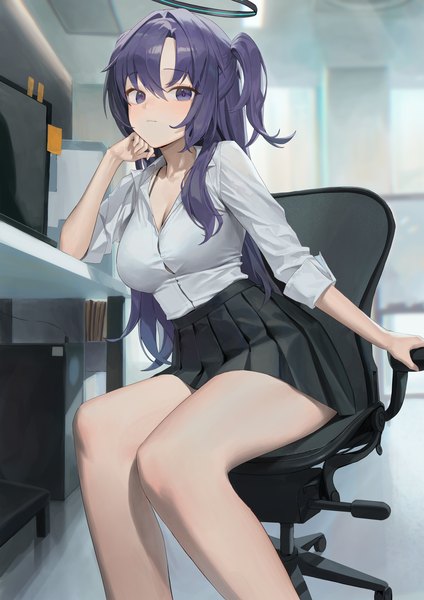 Anime picture 2500x3537 with blue archive yuuka (blue archive) xi xeong single long hair tall image looking at viewer fringe highres breasts light erotic hair between eyes large breasts sitting purple eyes cleavage purple hair bent knee (knees) indoors pleated skirt