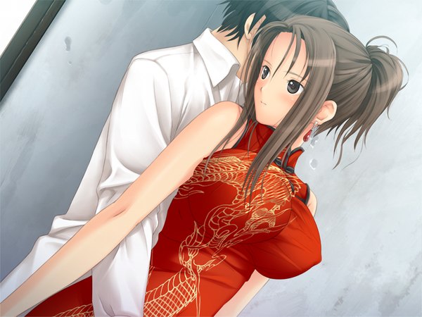 Anime picture 1024x768 with france shoujo odagiri maiko tony taka short hair breasts light erotic black hair brown hair large breasts game cg black eyes chinese clothes girl boy chinese dress