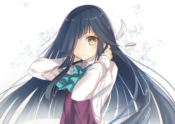 Anime picture 803x567 with kantai collection hayashimo destroyer nunucco single long hair fringe black hair white background signed yellow eyes looking away hair over one eye girl