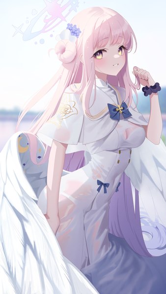 Anime picture 3000x5333 with blue archive mika (blue archive) re-leaf single tall image looking at viewer highres light erotic smile yellow eyes pink hair very long hair hair bun (hair buns) wet clothes white wings wrist scrunchie low wings playing with hair girl dress