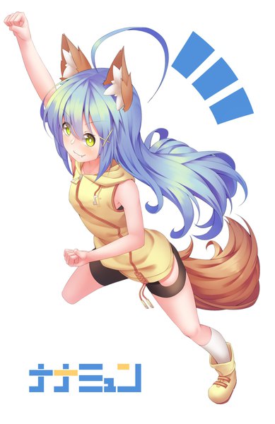 Anime picture 1608x2482 with original kzy090 single long hair tall image looking at viewer simple background smile white background animal ears yellow eyes blue hair full body ahoge tail animal tail arm up cat ears cat tail fang (fangs)