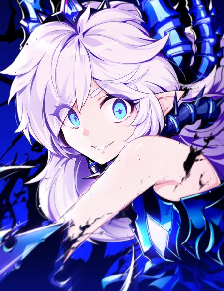 Anime picture 864x1120 with elsword luciela r. sourcream (elsword) hwansang single long hair tall image looking at viewer fringe open mouth blue eyes simple background smile bare shoulders payot silver hair ahoge upper body horn (horns) pointy ears blurry