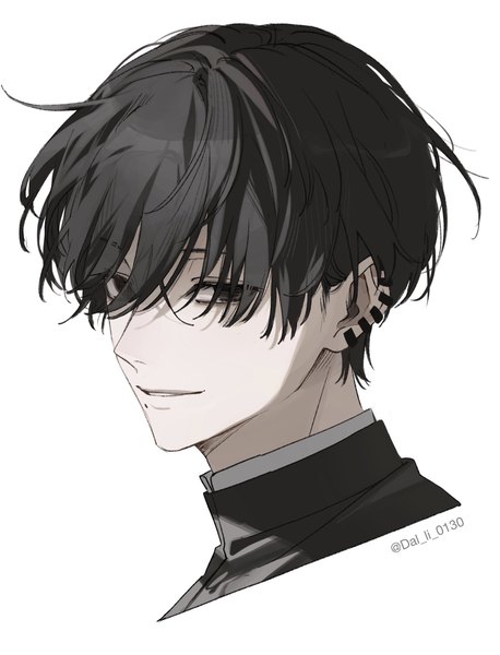 Anime picture 1563x2048 with chainsaw man mappa yoshida hirofumi dal li 0130 single tall image looking at viewer short hair black hair simple background white background signed black eyes mole twitter username piercing portrait ear piercing mole under mouth boy