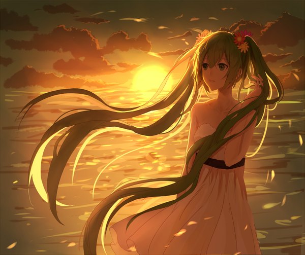 Anime picture 1767x1483 with vocaloid hatsune miku lan jue single highres standing twintails green eyes looking away cloud (clouds) very long hair green hair wind adjusting hair evening sunset girl dress hair ornament petals